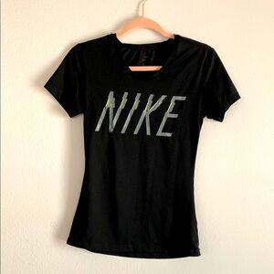Nike Women's Compression Black Shirt with Gray Logo and Yellow Highlights